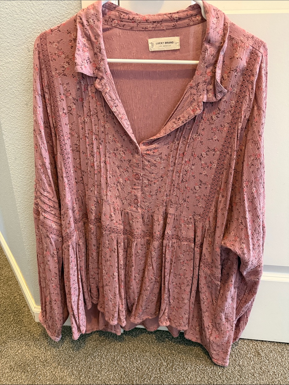 Lucky Brand Dusty Rose Floral Pintuck Blouse